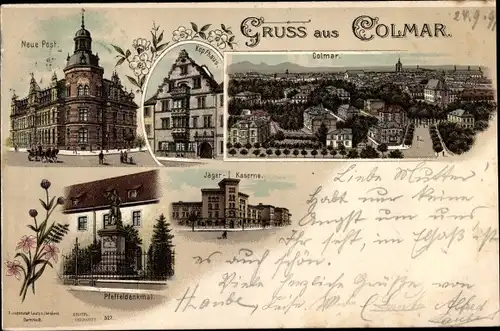 Litho Colmar Kolmar Elsass Haut Rhin, Jägerkaserne, Kopfhaus, neue Post, Pfeffeldenkmal, Totale