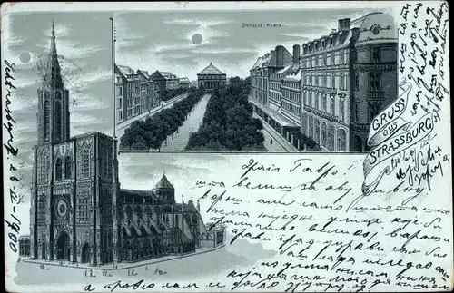 Mondschein Litho Strasbourg Straßburg Elsass Bas Rhin, Broglieplatz, Münster