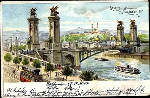 Litho Paris VII, Brücke Alexander III, Pont Alexandre III, Straßenbahn