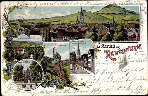 Litho Reutlingen in Württemberg, Lichtenstein, Pomologisches Institut, Frauenarbeitsschule, Kirche