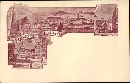 Litho Gaildorf am Kocher Württemberg, Marktplatz, Rathaus, Kirche, Totalansicht