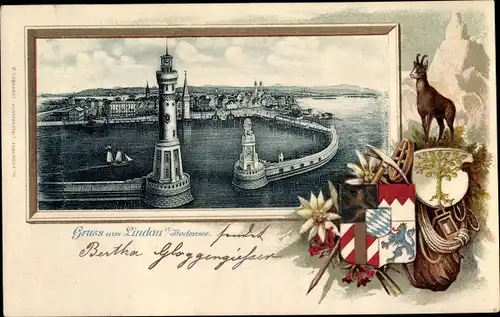 Wappen Passepartout Litho Lindau am Bodensee Schwaben, Blick auf den Ort, Hafeneinfahrt, Leuchtturm