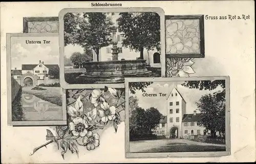 Ak Rot an der Rot in Württemberg, Schlossbrunnen, oberes und unteres Tor
