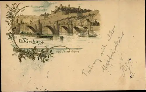 Litho Würzburg am Main Unterfranken, Blick auf den Ort, Brücke