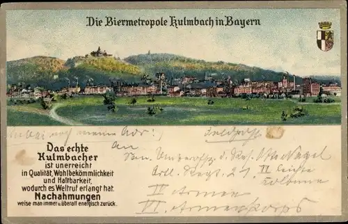 Ak Kulmbach in Oberfranken, Biermetropole, Kulmbacher, Blick auf den Ort, Wappen