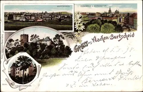 Litho Burtscheid Aachen Nordrhein Westfalen, Rosenbad, Kurgarten, Frankenburg, Linzenhäuschen