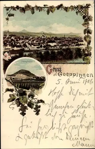 Litho Göppingen in Württemberg, Hohenstaufen, Blick auf den Ort