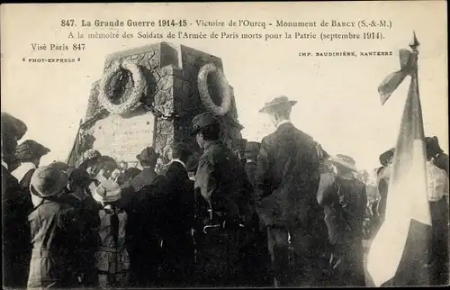 Ak Barcy Seine-et-Marne, La Grande Guerre 1914 15 Victoire de l'Ourcq, Monument de Barcy