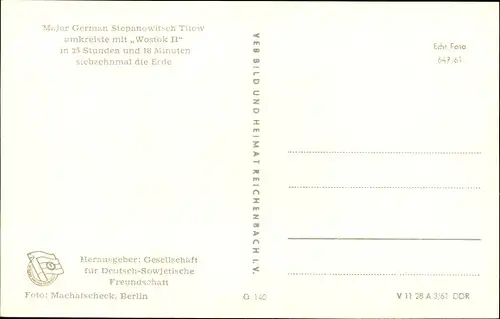 Ak Kosmonaut German Stepanowitsch Titow, Герман Степанович Титов, Wostok II, Erdumrundung 1961