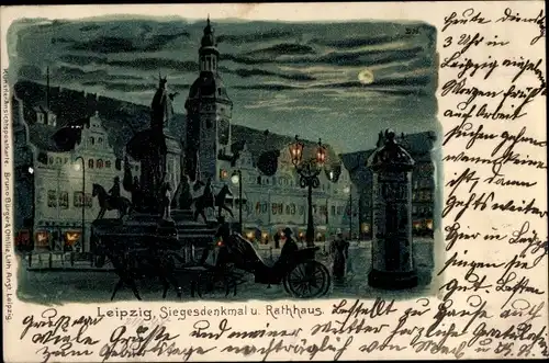 Mondschein Litho Leipzig in Sachsen, Siegesdenkmal, Rathaus, Kutsche