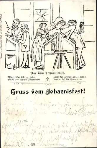 Künstler Ak Berliner Buchdrucker Verein, Johannisfest, Drucker zünden Zigarren an