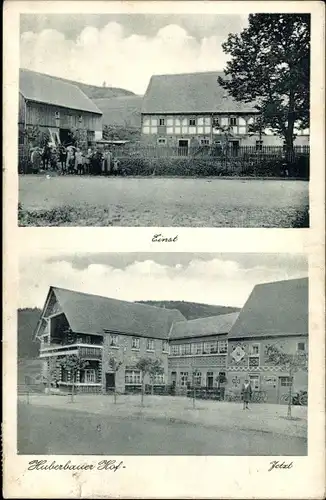 Ak Herold Thum im Erzgebirge Sachsen, Huberbauer Hof, einst und jetzt, Bunte Bühne, Huschhalle