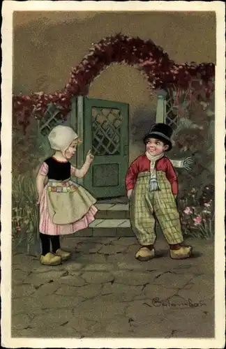 Künstler Ak Colombo, E., Kinder in niederländischer Tracht, Garten, Gespräch