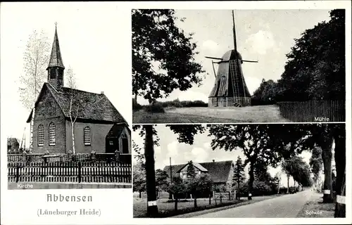 Ak Abbensen Wedemark Lüneburger Heide, Windmühle, Schule, Kirche