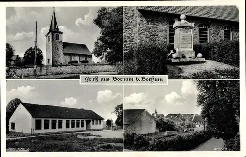 Ak Bornum Börßum im Odenwald, Ehrenmal, Kirche, Schule, Ortspartie