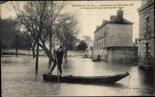 Ak Montjean Maine et Loire, Inondations de Decembre 1910, Place de la Poste