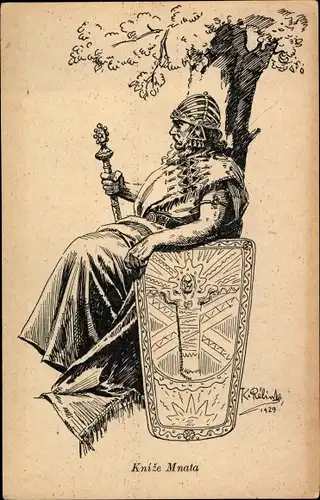 Künstler Ak Relink, K., Knize Mnata, Herzog mit Schild und Zepter
