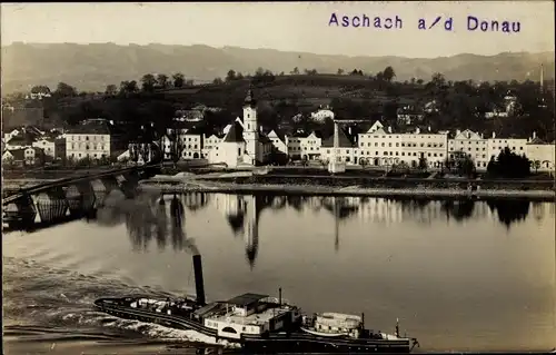 Foto Ak Aschach an der Donau Oberösterreich, Totalansicht, Dampfer