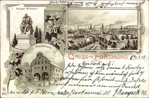 Litho Dortmund im Ruhrgebiet, Altes Rathaus, Kaiser Wilhelm I., Panorama