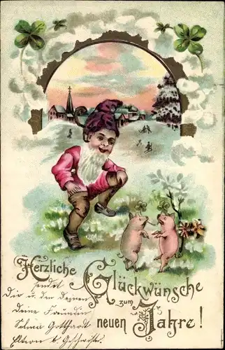 Litho Glückwunsch Neujahr, Zwerg betrachtet zwei Schweine, Kleeblätter