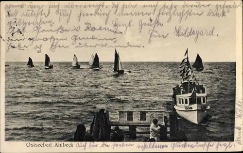 Ak Ostseebad Ahlbeck Heringsdorf auf Usedom, Wasserpartie, Segelboote, Fähre