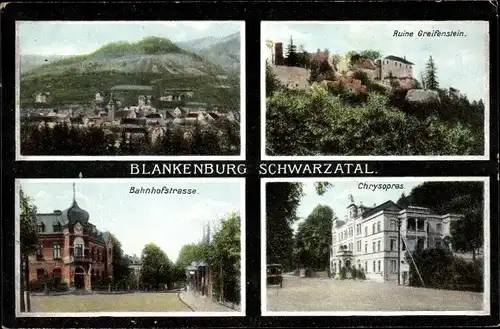 Ak Bad Blankenburg in Thüringen, Bahnhofstraße, Ruine Greifenstein, Chrysopras