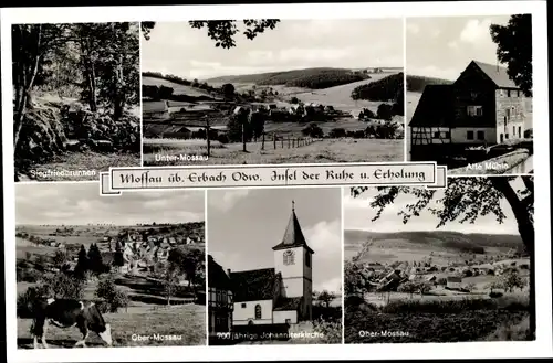 Ak Ober Mossau Mossautal im Odenwald, Teilansicht, Johanniterkirche, alte Mühle, Siegfriedbrunnen