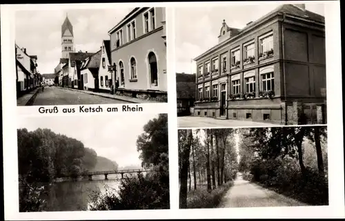 Ak Ketsch am Rhein, Straßenpartie, Allee, Brücke, Gebäude