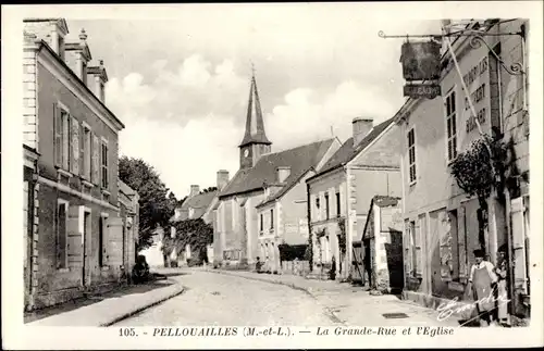 Ak Pellouailles Maine et Loire, La Grande Rue et l'Eglise