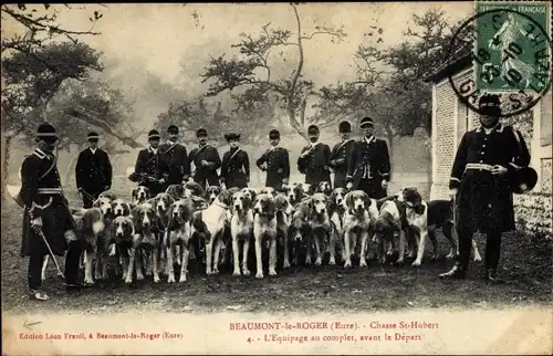 Ak Beaumont le Roger Eure, Chasse St. Hubert, L'Equipage au complet, avant le Depart