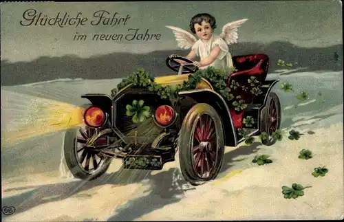 Präge Litho Glückwunsch Neujahr, Engel in einem Automobil, Kleeblätter