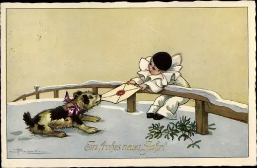 Ak Glückwunsch Neujahr, Pierrot und Hund zerren an einem Brief, Mistelzweige