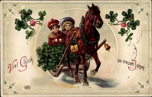 Präge Litho Glückwunsch Neujahr, Kinder in einem Pferdeschlitten, Kleeblätter, Glocke