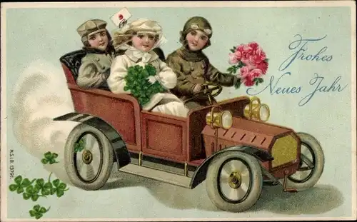 Präge Litho Glückwunsch Neujahr, Personen in einem Automobil, Kleeblätter