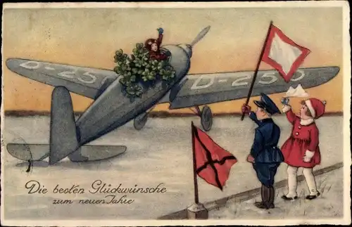 Ak Glückwunsch Neujahr, Flugzeug mit Kleeblättern