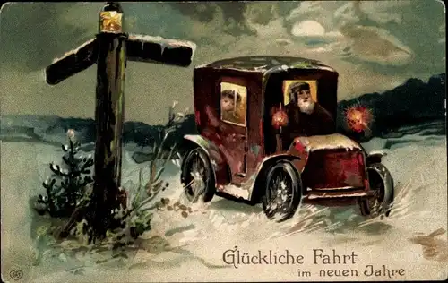 Präge Litho Glückwunsch Neujahr, Automobil in Winterlandschaft