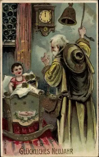 Präge Litho Glückwunsch Neujahr, Kind im Bett, alter Mann läutet Glocke, Wanduhr
