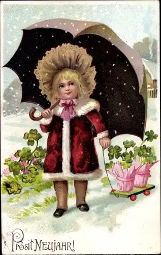 Ak Glückwunsch Neujahr, Mädchen mit Regenschirm im Schneefall, Kleeblätter