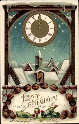 Winter Litho Glückwunsch Neujahr, Uhr, Weinflaschen, Berliner, Ortschaft