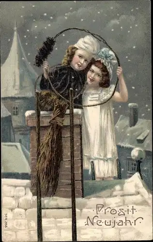 Ak Glückwunsch Neujahr, Schornsteinfeger und Mädchen auf einem Hausdach