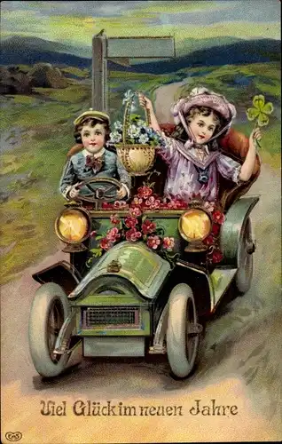 Präge Litho Glückwunsch Neujahr, Junge und Mädchen in Automobil, Kleeblatt, Blumen