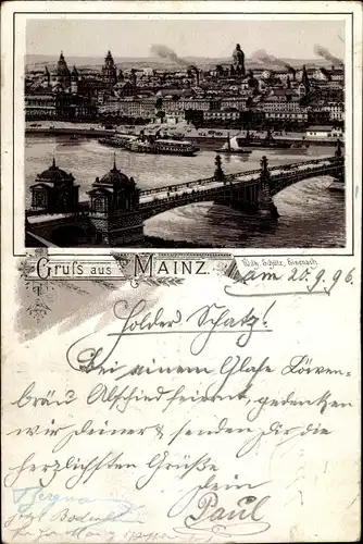 Litho Mainz am Rhein, Blick auf den Ort, Brücke