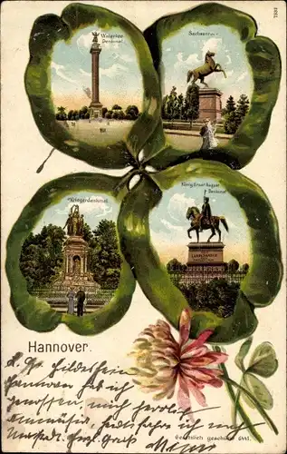 Kleeblatt Litho Hannover in Niedersachsen, Sachsenross, Kriegerdenkmal, König Ernst August Denkmal