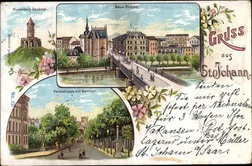 Litho St. Johann Saarbrücken im Saarland, Winterbergdenkmal, neue Brücke, Reichsstraße, Bahnhof