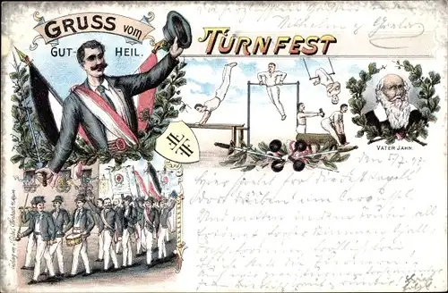 Litho Gruß vom Turnfest, Turner, Turnvater Jahn, Gut Heil