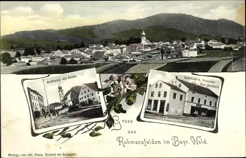 Ak Ruhmannsfelden im Bayerischen Wald, Kaufhaus Ponschab, Marktplatz, Kirche, Totalansicht