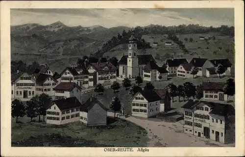 Künstler Ak Oberreute im Allgäu Schwaben, Gasthaus zumAdler, Blick auf den Ort, Kirche