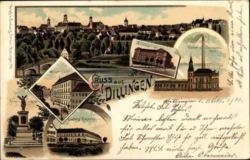 Litho Dillingen an der Donau Nordschwaben, Gymnasium, Wasser- und Elektrizitätswerk, Ludwig Kaserne