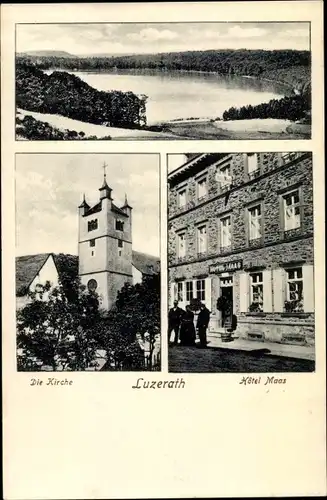 Ak Lutzerath in der Eifel, Hotel Maas, Kirche, Gewässer