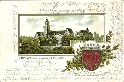 Präge Wappen Litho Potsdam in Brandenburg, Königliche Kriegsschule a. d. Brauhausberg